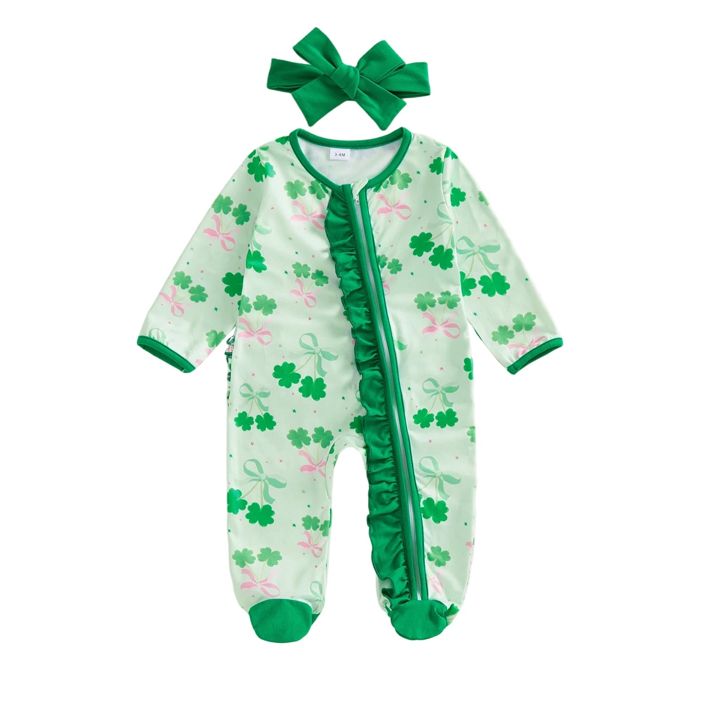 Baby Girl 2Pcs St. Patrick's Day Jumpsuit Long Sleeve O Neck Bow Clover Print Zipper Footed Romper with Headband Set