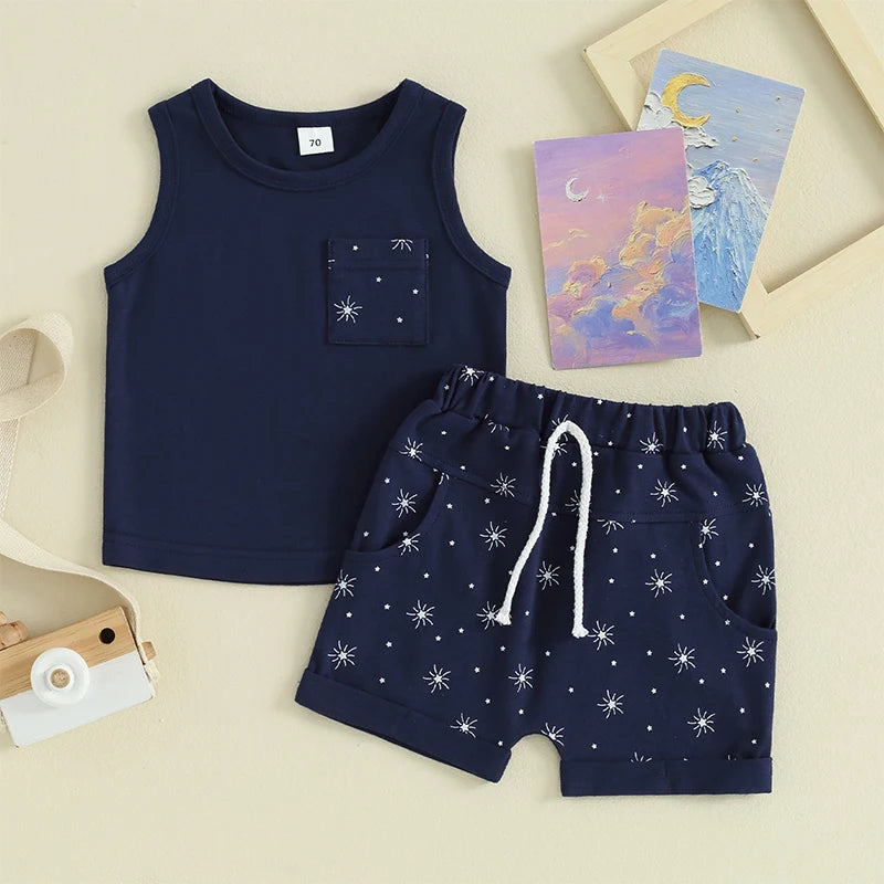 Baby Toddler Boy 2Pcs Summer Shorts Set Star Print Round Neck Tank Tops with Elastic Waist Shorts Outfit