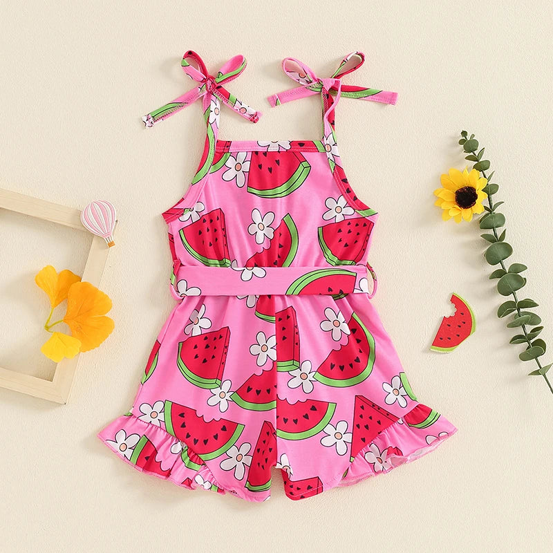 Baby Toddler Kids Girl Summer Jumpsuit Sleeveless Tie Strap Watermelon Print Belted Romper Shorts