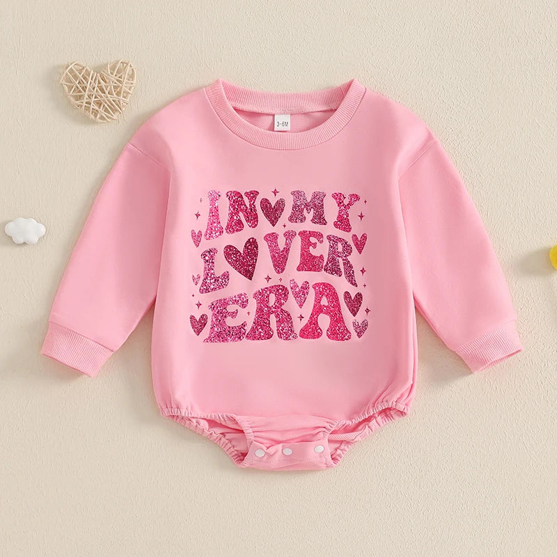 Baby Girls In My Lover Era Valentine's Day Romper Letter Heart Print O-Neck Long Sleeve Bubble Jumpsuit