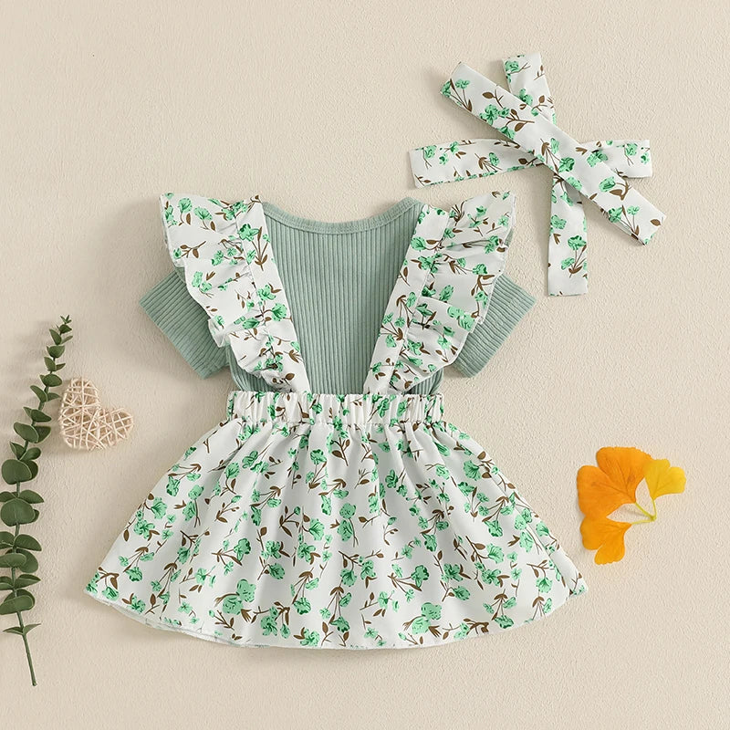 Baby Girls 3Pcs Summer Outfit Solid Flying Sleeve Romper with Floral Print Suspender Dress and Bow Headband Set