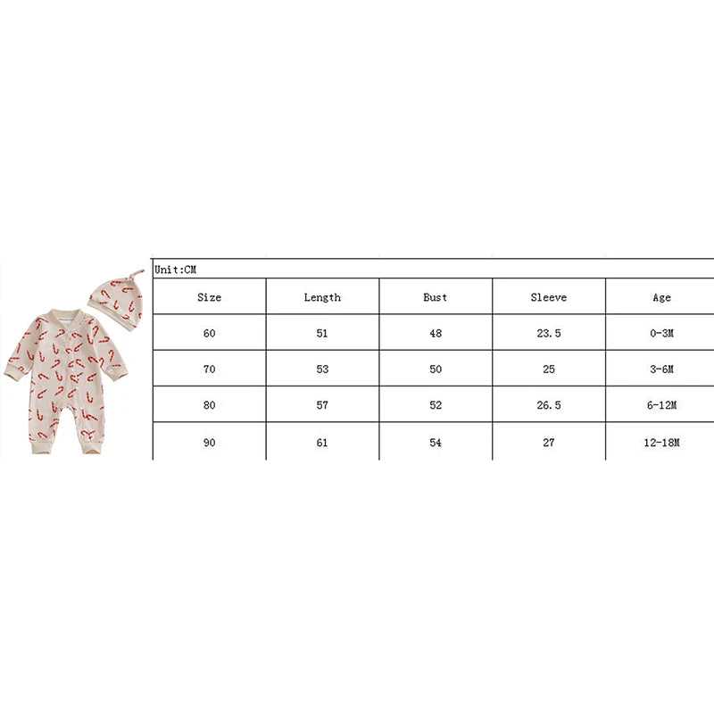 Baby Girl Boy 2Pcs Christmas Romper Candy Cane Print Long Sleeve Full Length Jumpsuit with Beanie Hat Set Outfit