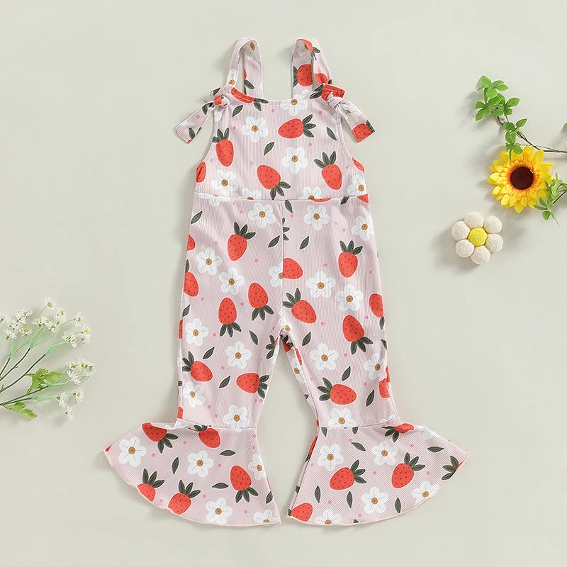 Baby Toddler Girl Summer Romper Casual Knotted Straps Floral Flowers Strawberry Print Sleeveless Flared Pant Jumpsuit