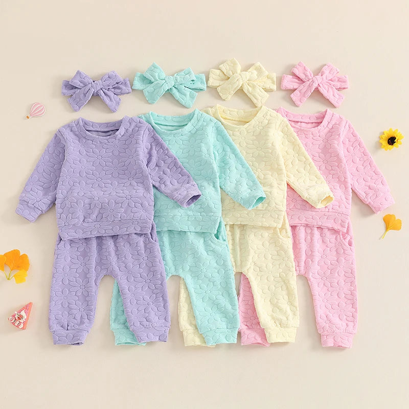 Baby Toddler Girls 3Pcs Fall Outfit Daisy Flower Embroidery Long Sleeve Top with Elastic Waist Pants Headband Set