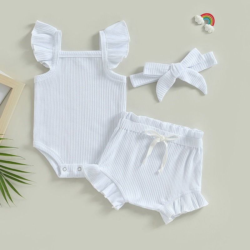 Baby Toddler Girls 3Pcs Flutter Sleeve Solid Romper Tops Drawstring Short Pants Headband Outfit