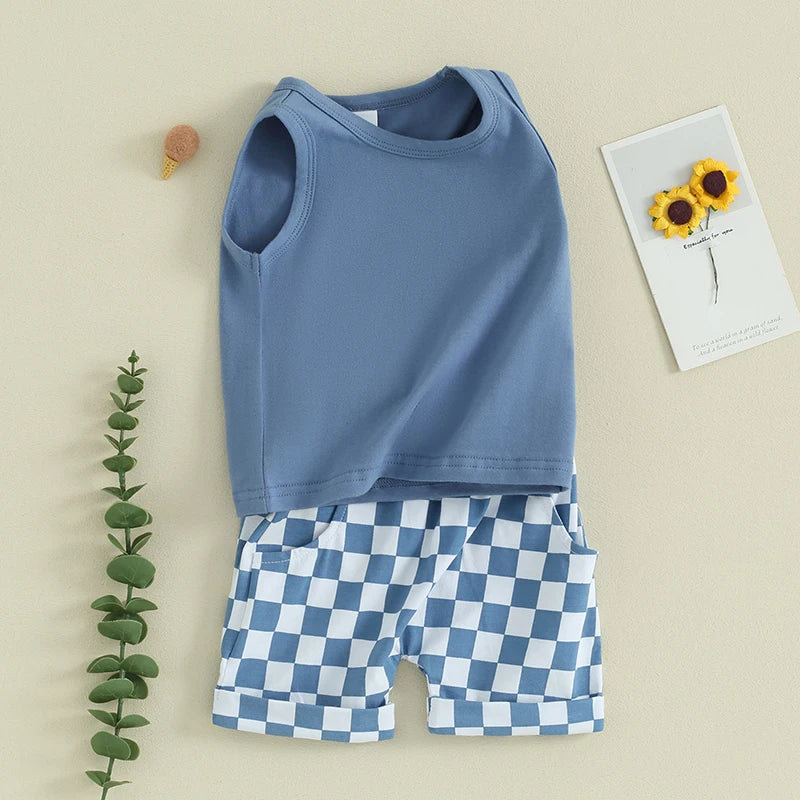 Baby Toddler Boys 2Pcs Clothes Solid Color Sleeveless Tank Top Checkered Shorts Outfit Set