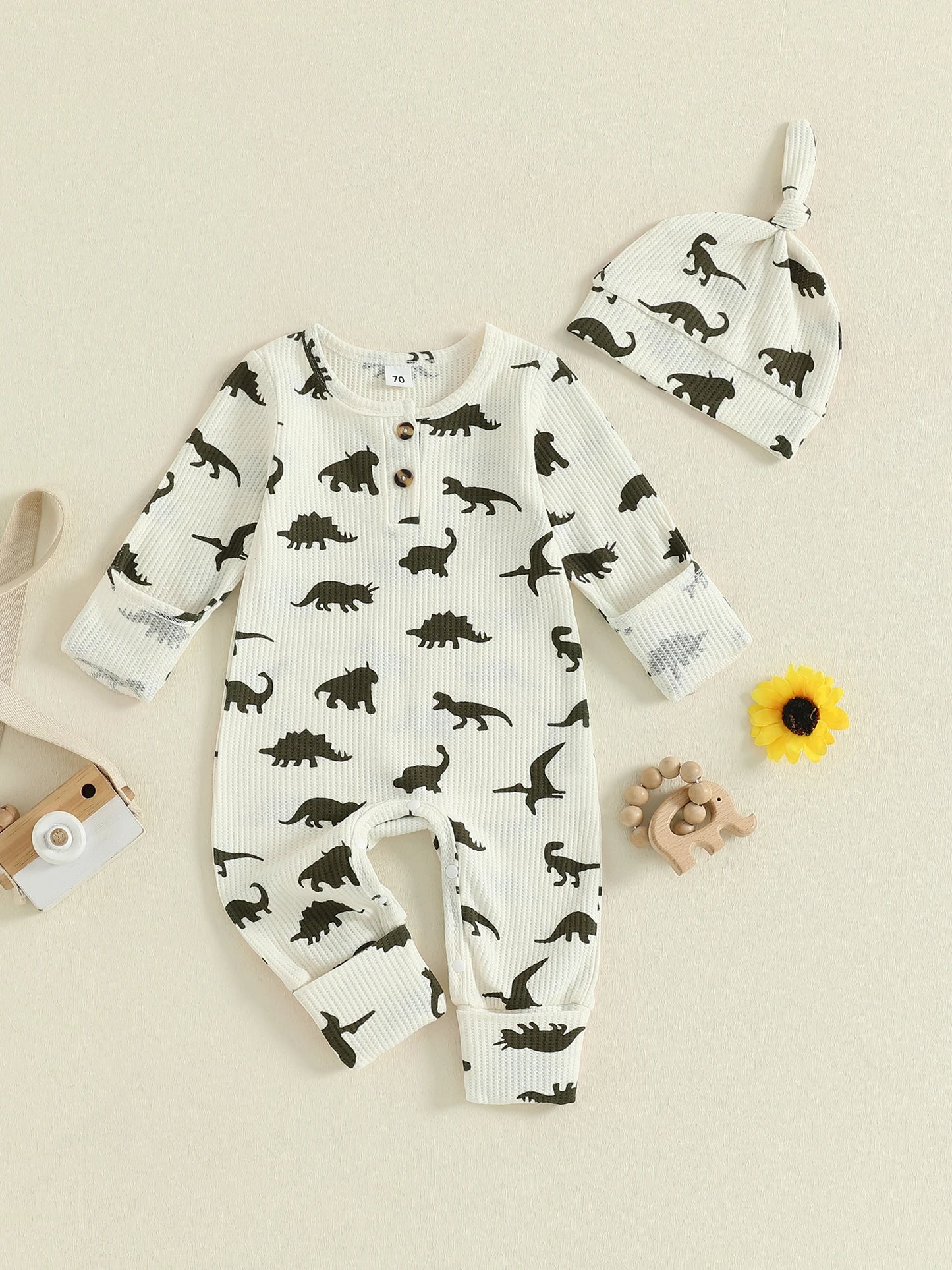 Baby Boys Girls 2Pcs  Jumpsuit Set Long Sleeve Crew Neck Dinosaur Print Fall Casual Romper with Hat