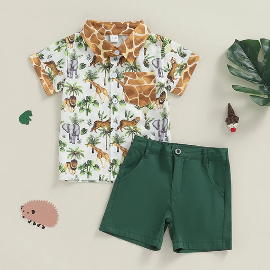 Baby Toddler Boys 2Pcs Summer Outfit Animals Giraffe Elephant Lion Print Turn-Down Collar Short Sleeve Top Shorts Clothes Set