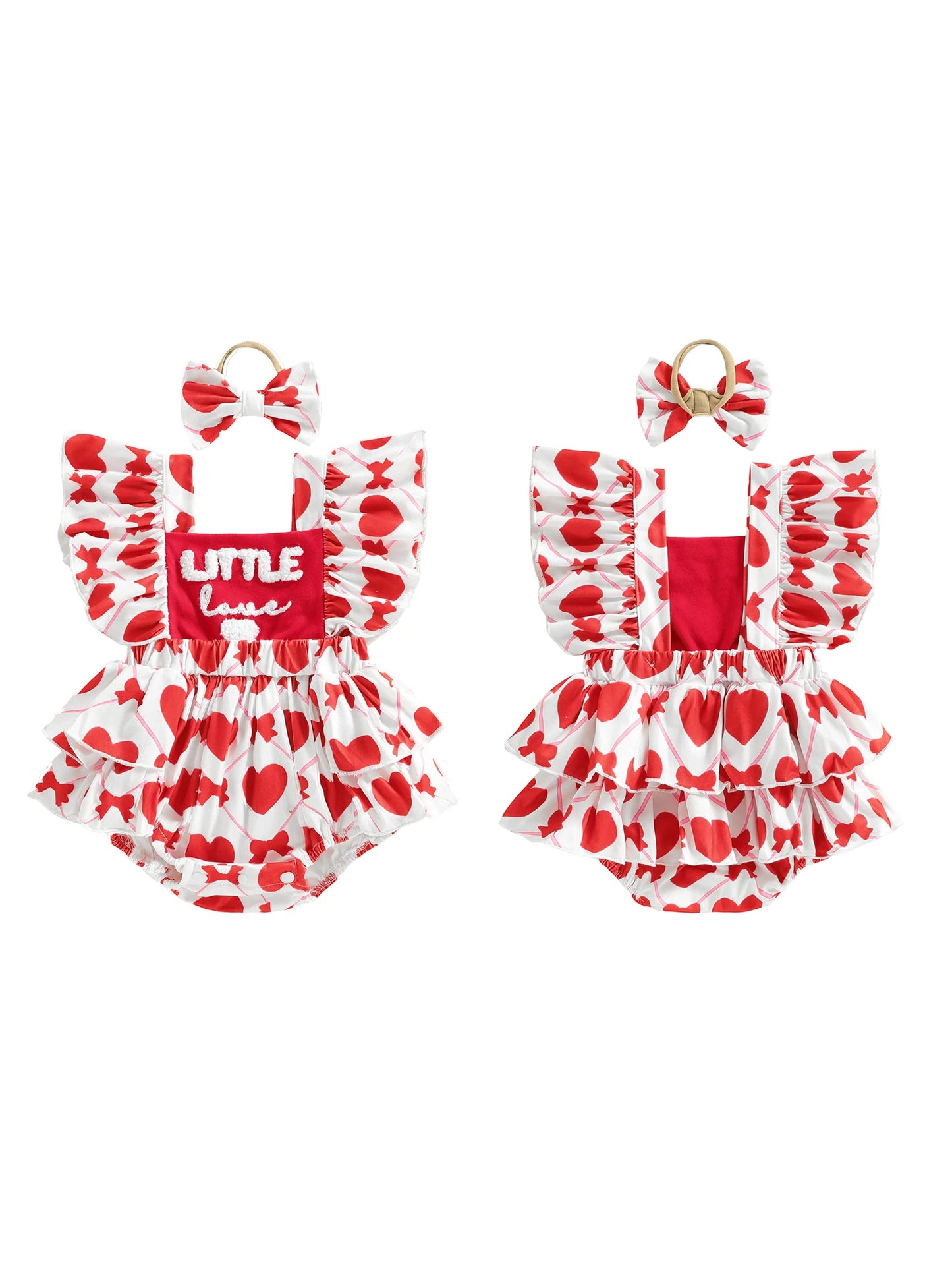 Baby Girls 2Pcs Little Love Valentine's Day Romper Flutter Sleeve Letter Embroidery Heart Print Jumpsuits with Bow Headband Set