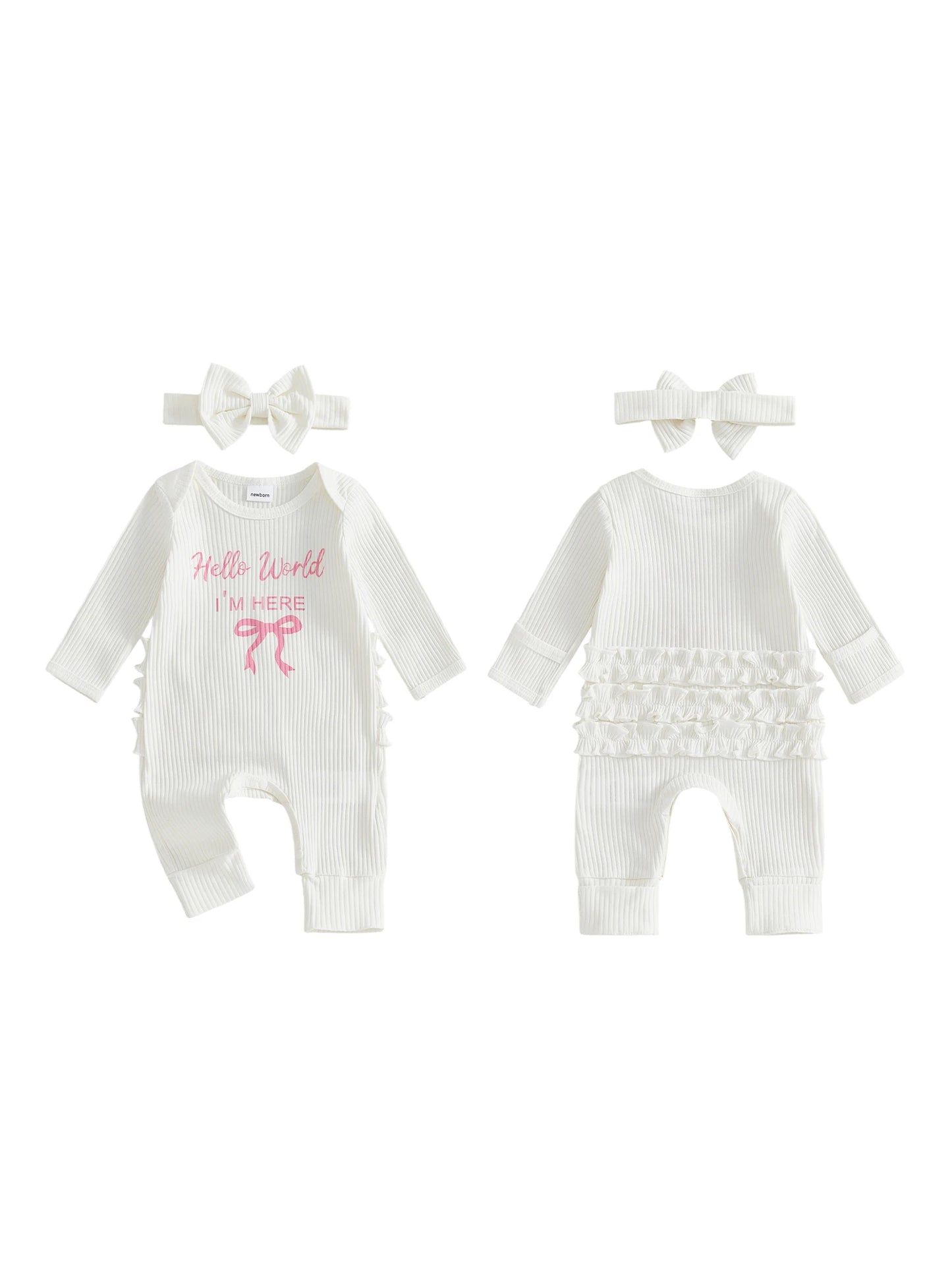 Baby Girl 2Pcs Hello World I'm Here Outfit Long Sleeve Crew Neck Letters Bow Print Romper with Bow Headband Set