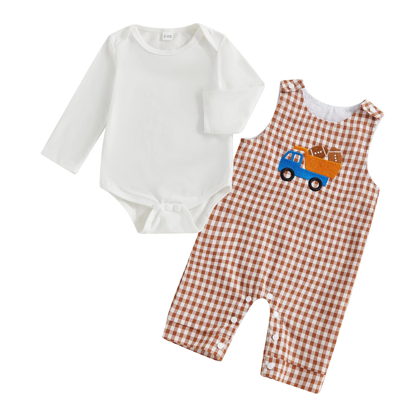 Baby Boy 2Pcs Fall Outfit Crew Neck Long Sleeve Romper and Truck Football Embroidery Plaid Overall Pants Set