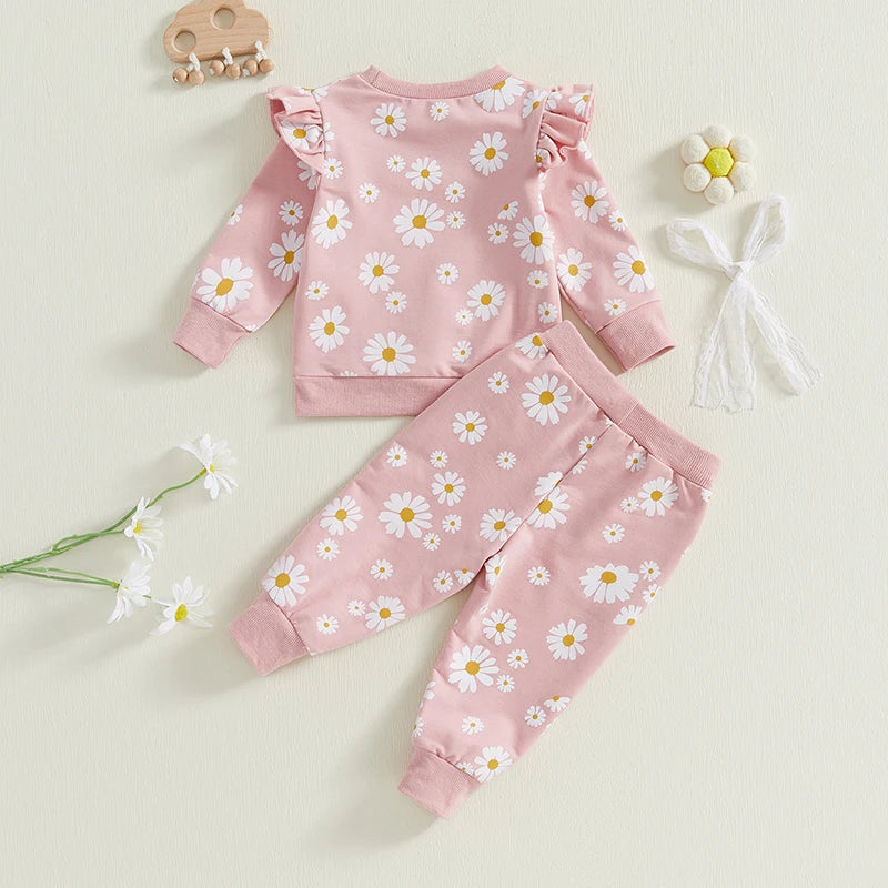 Baby Toddler Girls 2Pcs Spring Fall Outfit Daisy Print Ruffle Long Sleeve Pullover Top Elastic Waist Jogger Pants Set