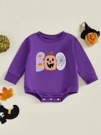 Baby Girls Boys Bubble Romper Halloween Clothes Spider Web Pumpkin Embroidery Letters Boo Long Sleeve Bodysuit Jumpsuit