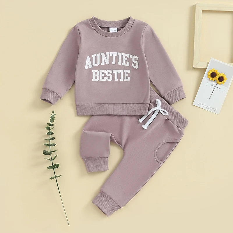 Baby Toddler Girls 2Pcs Outfit Auntie's Bestie Long Sleeve Crewneck Top Jogger Pants Set