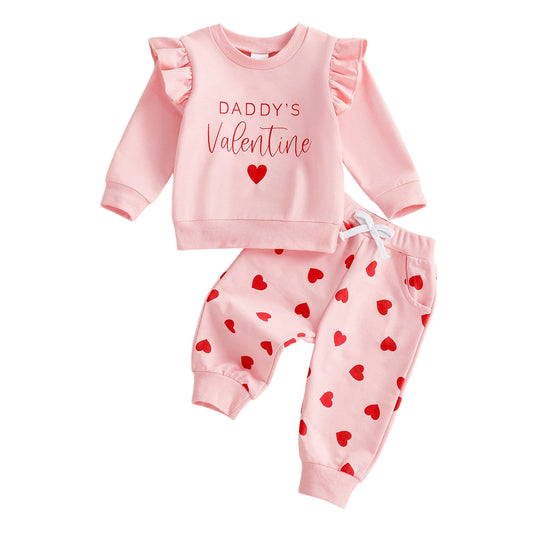 Baby Toddler Girls 2Pcs Valentine's Day 2 Piece Outfits Daddy's Valentine Letter Heart Print Long Sleeve Crew Neck Top and Elastic Waist Pants Jogger Set