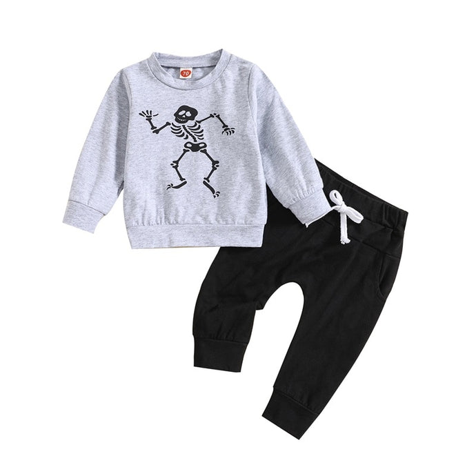 Baby Toddler Boy Girl 2Pcs Halloween Sets Long Sleeve Skeleton Print Tops Drawstring Pant