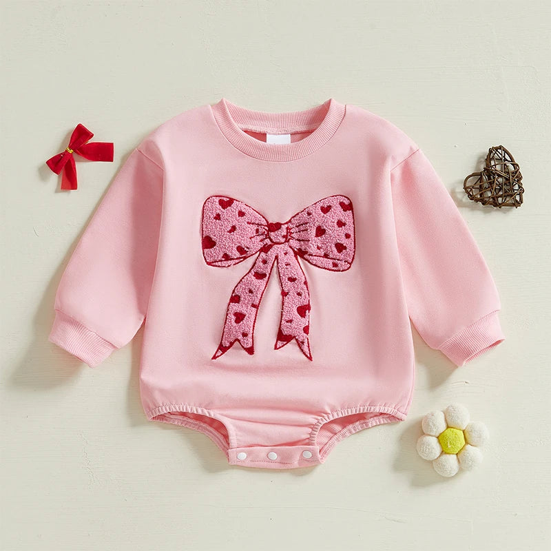 Baby Girls Bubble Romper Heart Bow Embroidery Long Sleeve Jumpsuit Valentine's Day