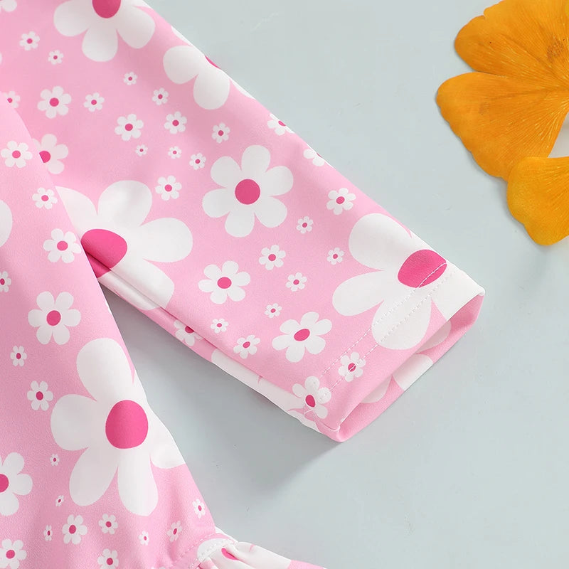 Baby Toddler Girls 2Pcs Swimsuit Long Sleeve Floral/Bow Print Ruffles Bathing Suit Swimwear with Swim Cap Set
