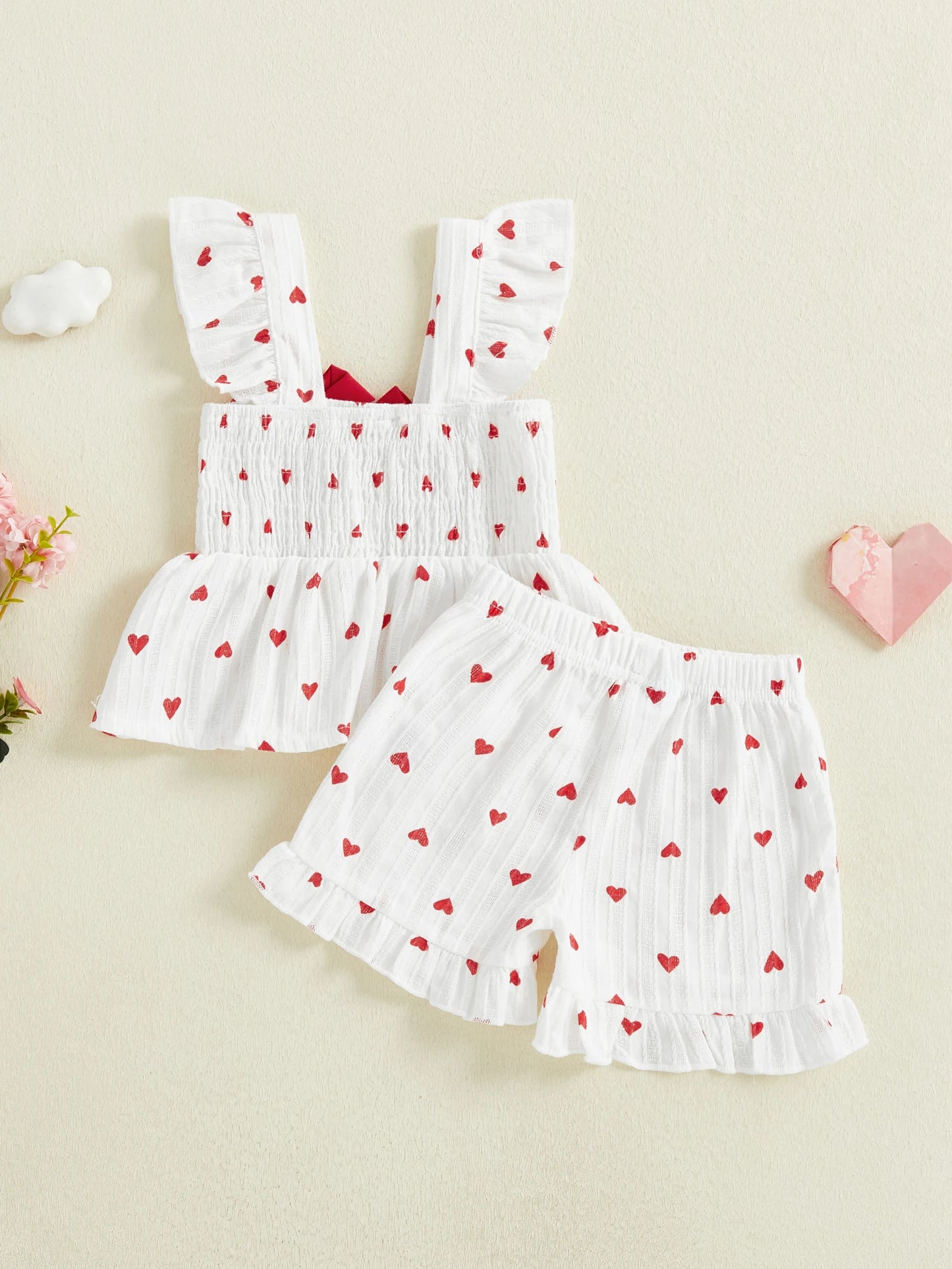 Baby Toddler Girls 2Pcs Valentine's Day Heart Print Ruffle Sleeve Tank Top and Shorts Set for a Sweet Holiday Look