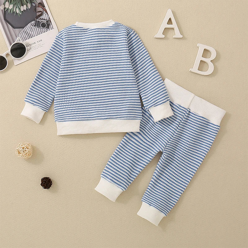 Baby Toddler Boys 2Pcs Fall Outfit Waffle Stripe Long Sleeve Top and Long Pants Set