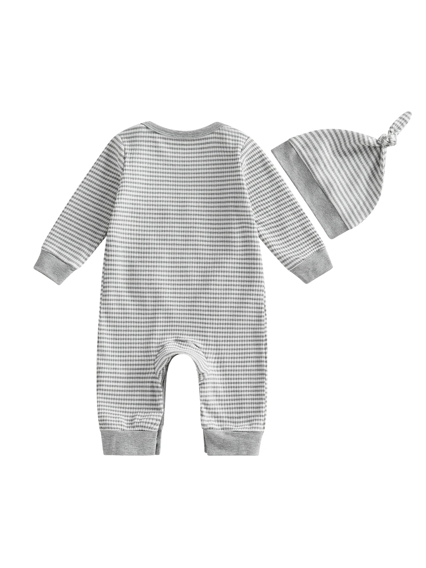 Baby Boys Girls 2Pcs Valentine's Day Romper Love Like Jesus Striped Heart Letter Embroidered Long Sleeve Jumpsuit Knotted Hat Set