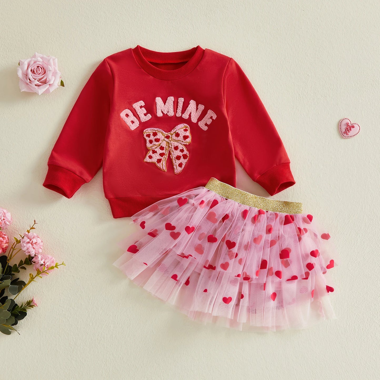 Baby Toddler Girls 2Pcs Be Mine Valentine's Day Outfit Letter Bow Embroidered Long Sleeve Top and Heart Print Mesh Tutu Skirt Set
