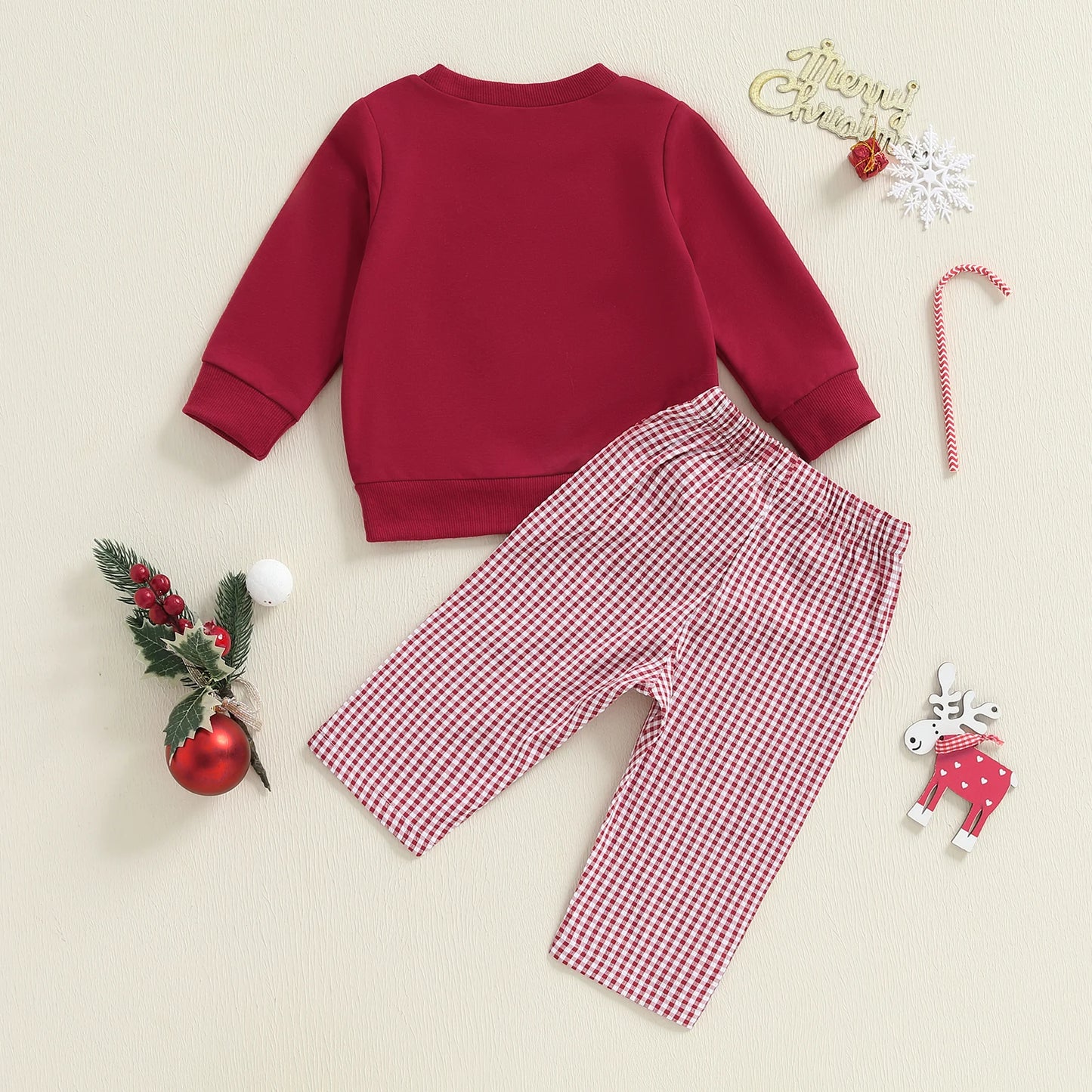 Baby Toddler Girls Boys 2Pcs Christmas Outfit Dog Embroidered Crew Neck Long Sleeve Top and Plaid Pants Set