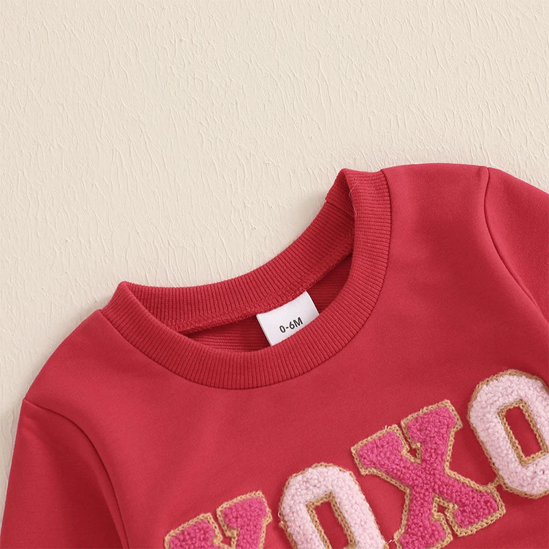 Baby Toddler Girls 2Pcs XOXO Valentine's Day Outfit Letter Embroidery Long Sleeve Crewneck Top with Heart Pattern Flare Pants Valentines Set