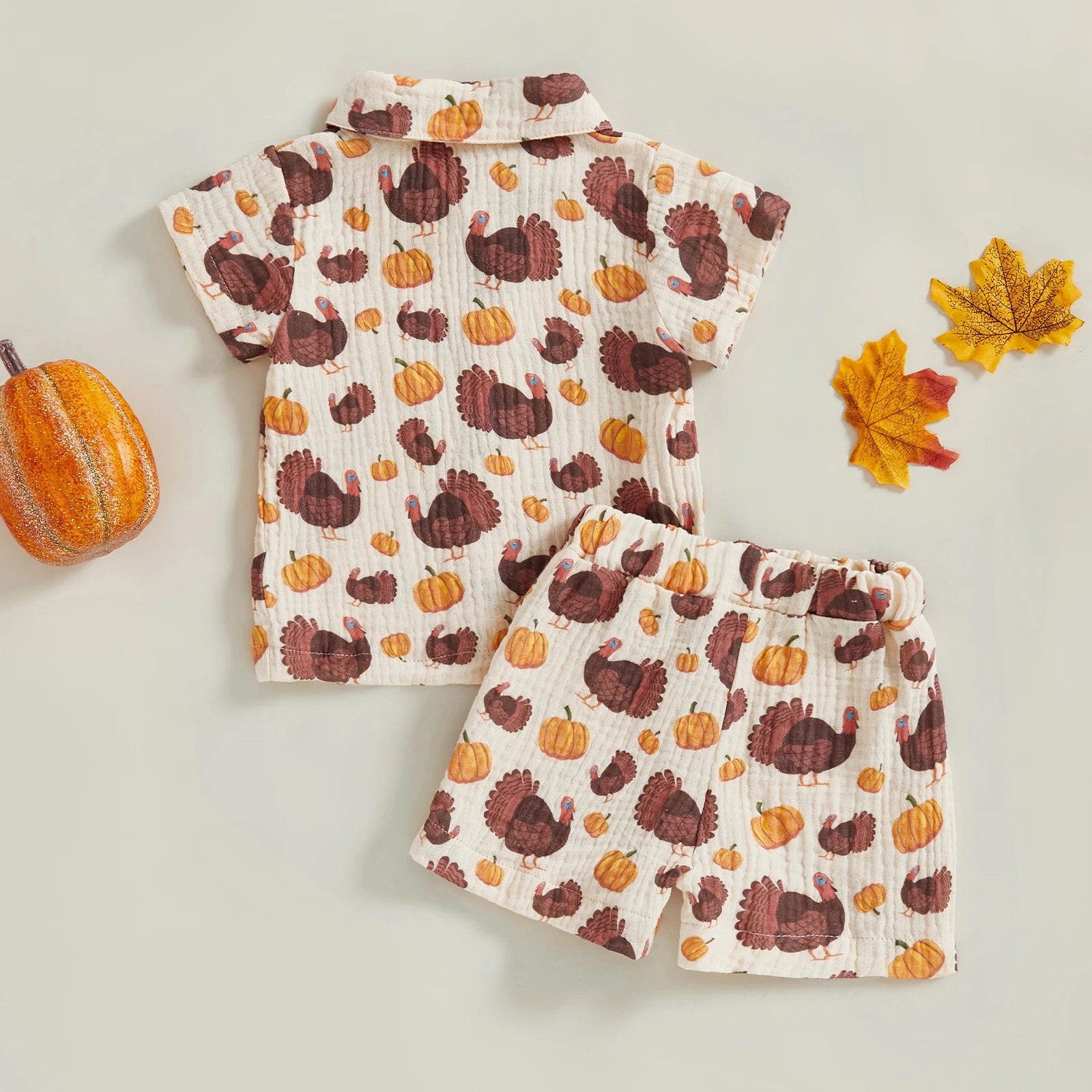Baby Toddler Boys 2Pcs Thanksgiving Day Short Sleeve Lapel Button Up Turkey Pumpkin Print Top and Shorts Sets