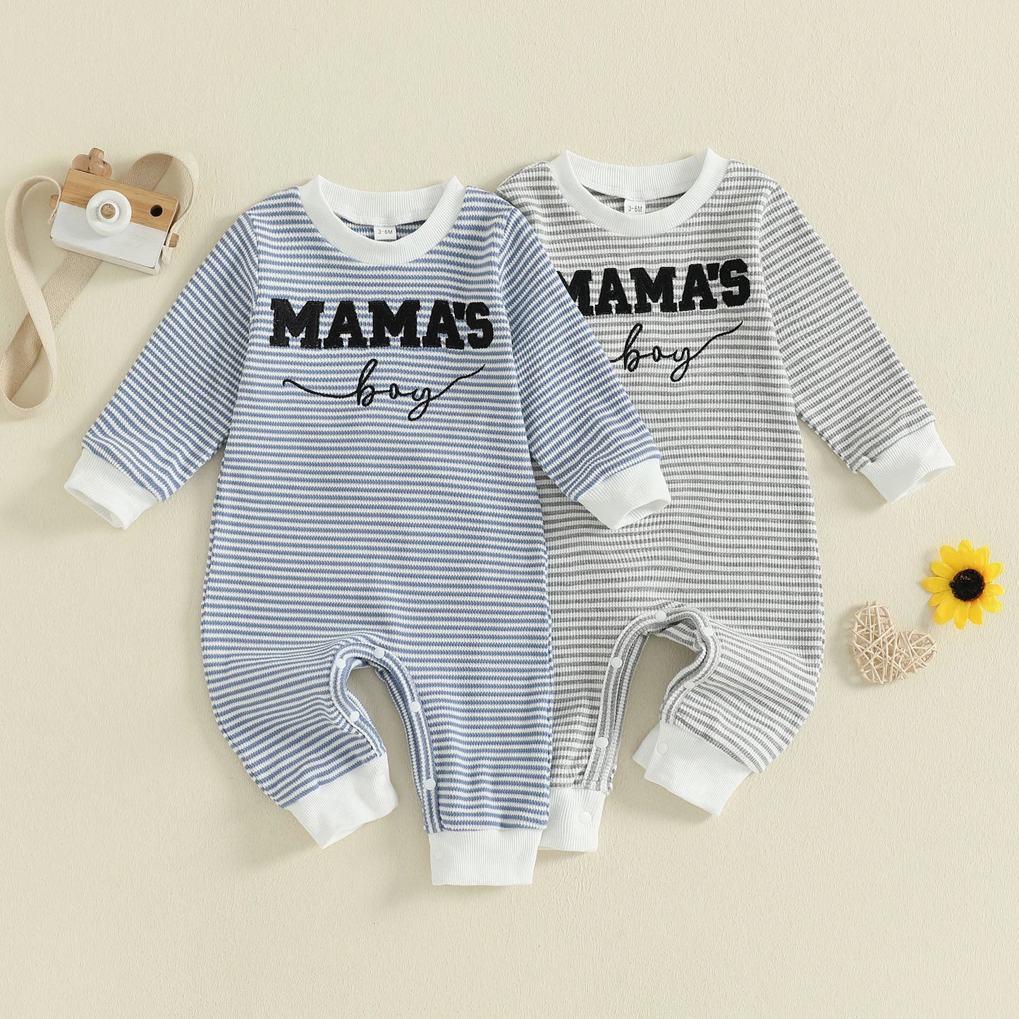 Baby Boys Mama's Boy Fall Romper Letter Embroidery Long Sleeve Round Neck Full Length Waffled Stripe Jumpsuit