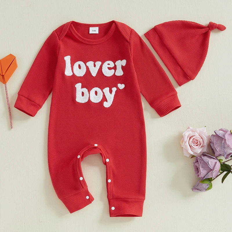 Baby Boy 2Pcs Lover Boy Romper Letter Heart Embroidery Valentines Long Sleeve Full Length Jumpsuit with Hat Valentine's Day Outfit Set