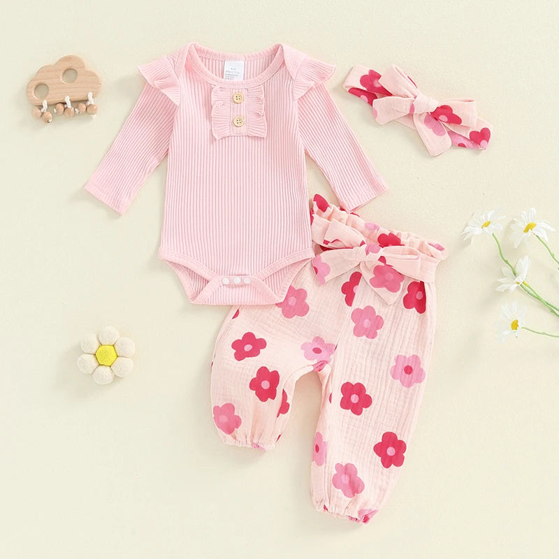 Baby Girls 3Pcs Fall Outfit Long Sleeve Ribbed Romper + Floral Flower Print Pants + Headband Set