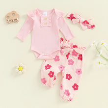 Load image into Gallery viewer, Baby Girls 3Pcs Fall Outfit Long Sleeve Ribbed Romper + Floral Flower Print Pants + Headband Set
