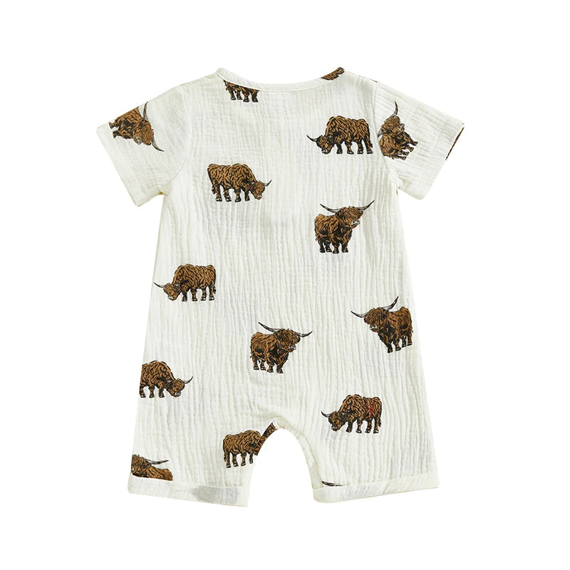 Baby Boys Girls Summer Cattle Cow Print Jumpsuit Short Sleeve Round Neck Button Up Casual Romper