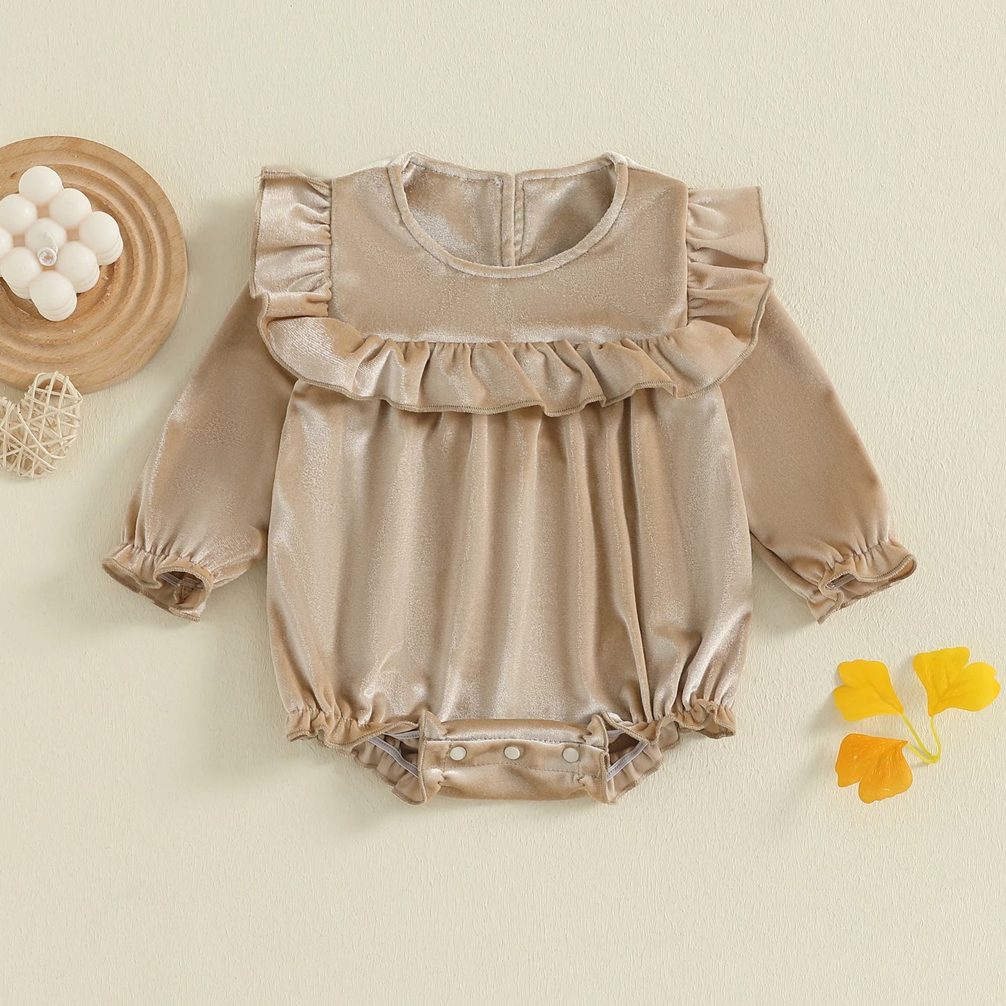 Baby Girls Velvet Romper Solid Color Ruffled Round Neck Long Sleeve Bubble Jumpsuit
