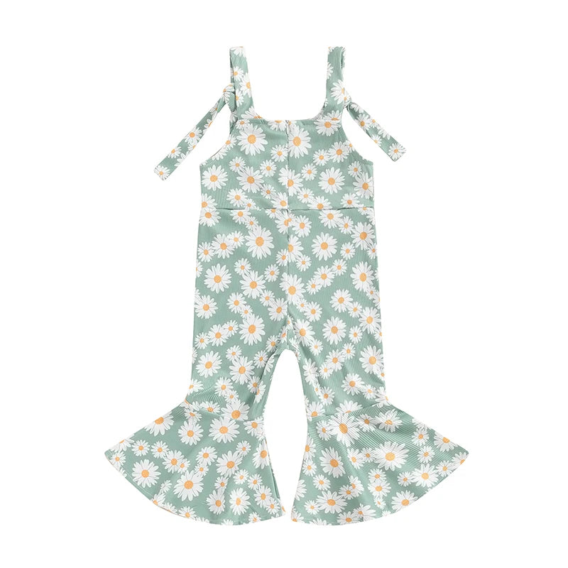 Baby Toddler Girls Romper Jumpsuit Sleeveless Tie Tank Top Daisy Flower Print Bell Bottom Overalls