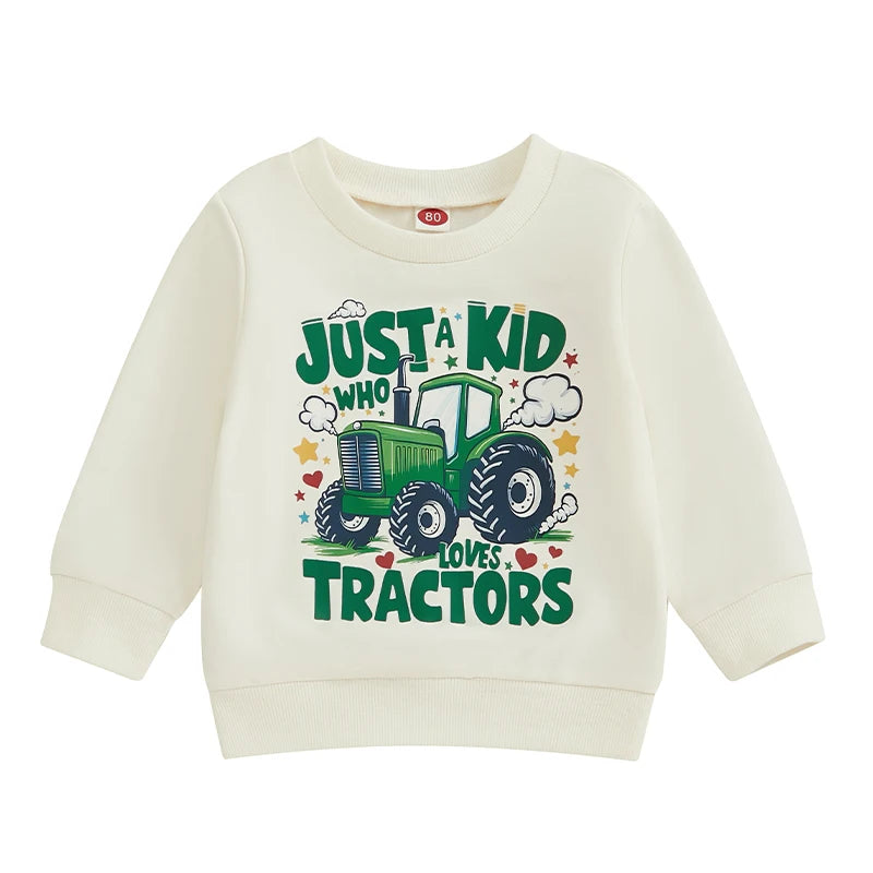 Baby Toddler Boys Just A Kid Who Likes Tractors Print Long Sleeve Crew Neck Pullover Fall Top