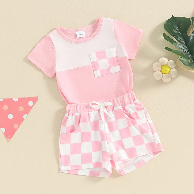 Baby Toddler Girl 2Pcs Shorts Outfit Checkered Print Short Sleeve Pocket Top with Checker Elastic Waist Shorts Set