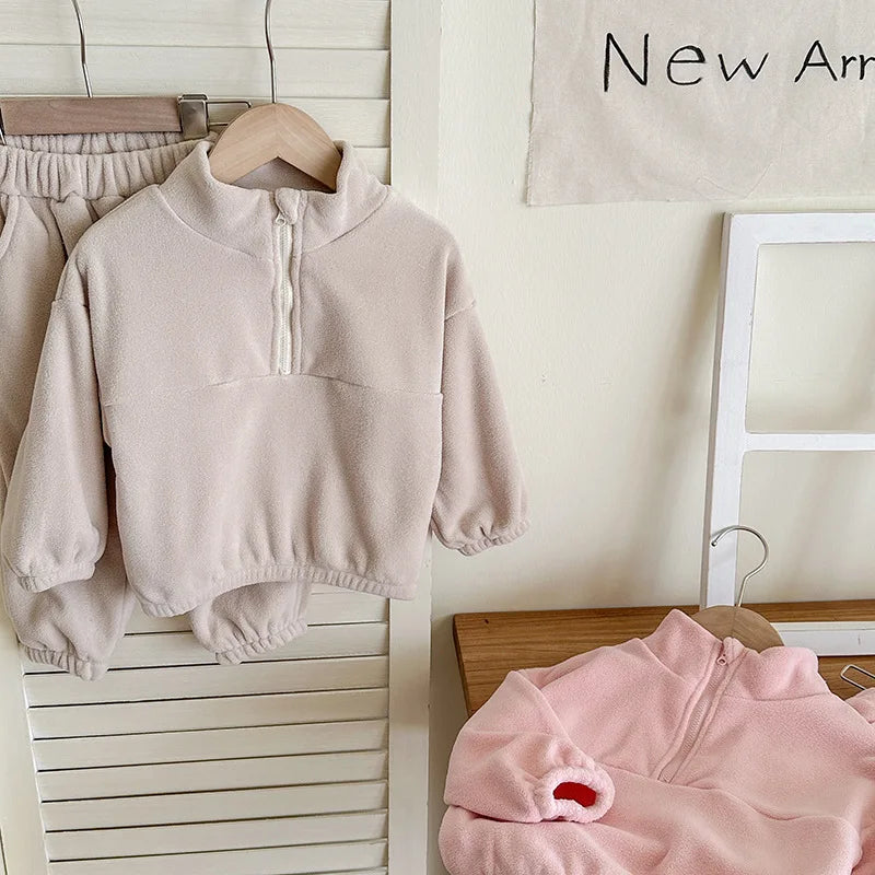 Toddler Kid Boy Girl 2Pcs Clothes Set Fleece Pullover Top Pant Suit Casual Warm Thick Winter Two Piece Jogger Set