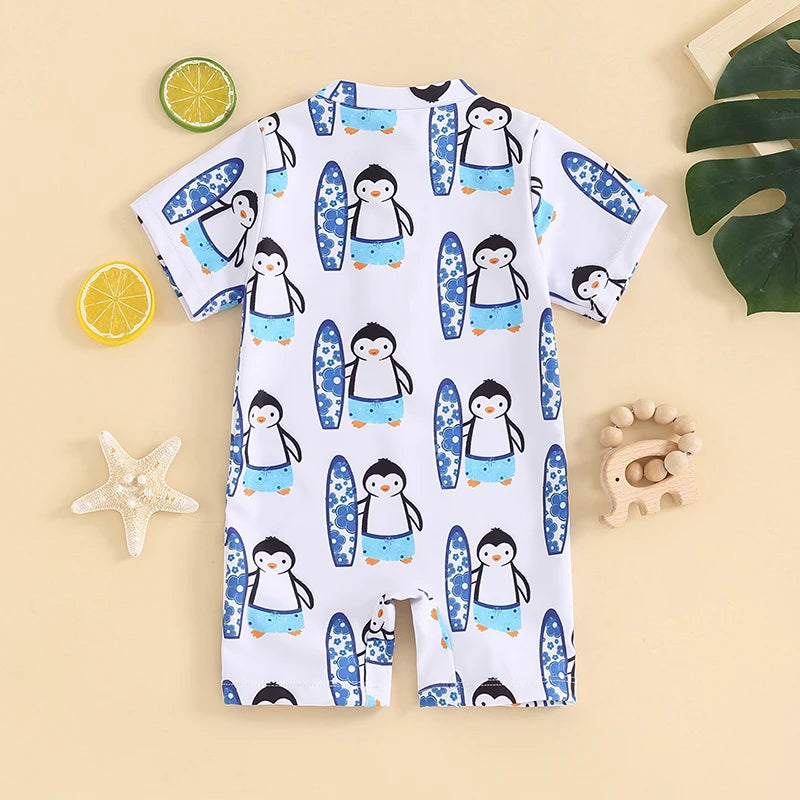 Baby Toddler Boy's Swimwear Short Sleeve Dinosaur Penguin Print Half Zip Up Rash Guard Bathing Suit