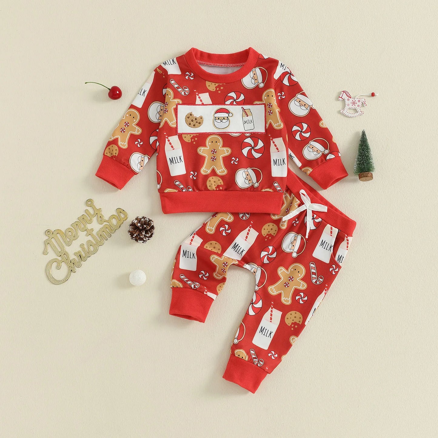 Baby Toddler Boys Girls 2Pcs Christmas Santa Claus Milk Reindeer Print Long Sleeve Top with Elastic Waist Paints 2piece Outfit Jogger Set