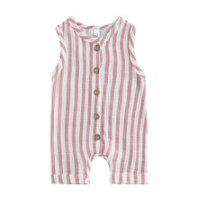 Load image into Gallery viewer, Baby Boy Girl Summer Muslin Tank Romper Striped Printed Button Crew Neck Jumpsuit

