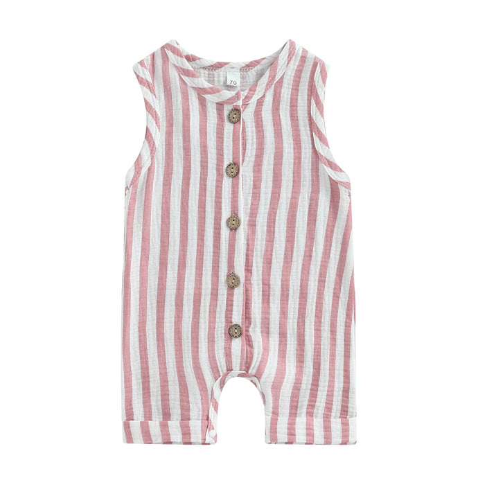 Baby Boy Girl Summer Muslin Tank Romper Striped Printed Button Crew Neck Jumpsuit