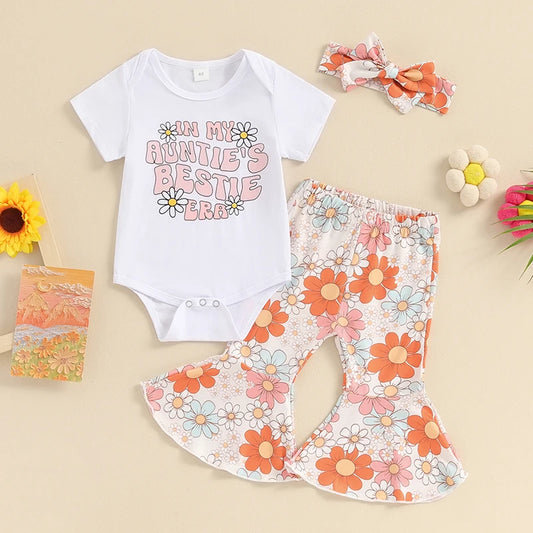 Baby Girls 3PCS In My Auntie's Bestie Era Set Short Sleeve Letter Print Romper Flowers Floral Print Flared Pants Headband Outfit