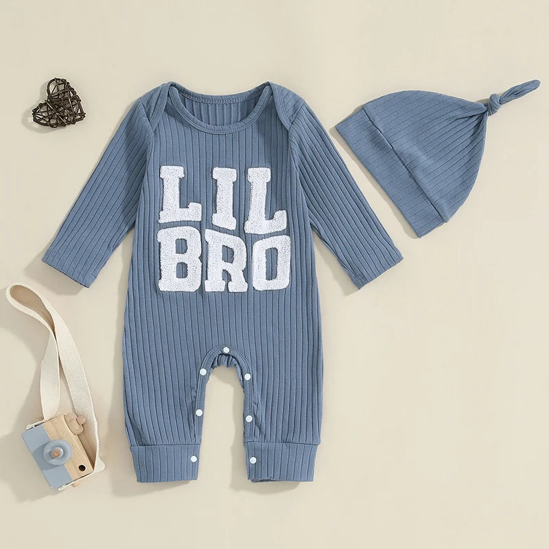 Baby Boy 2Pcs Lil Bro Jumpsuit and Hat Set Long Sleeve Round Neck Letter Print Ribbed Romper with Beanie Outfit