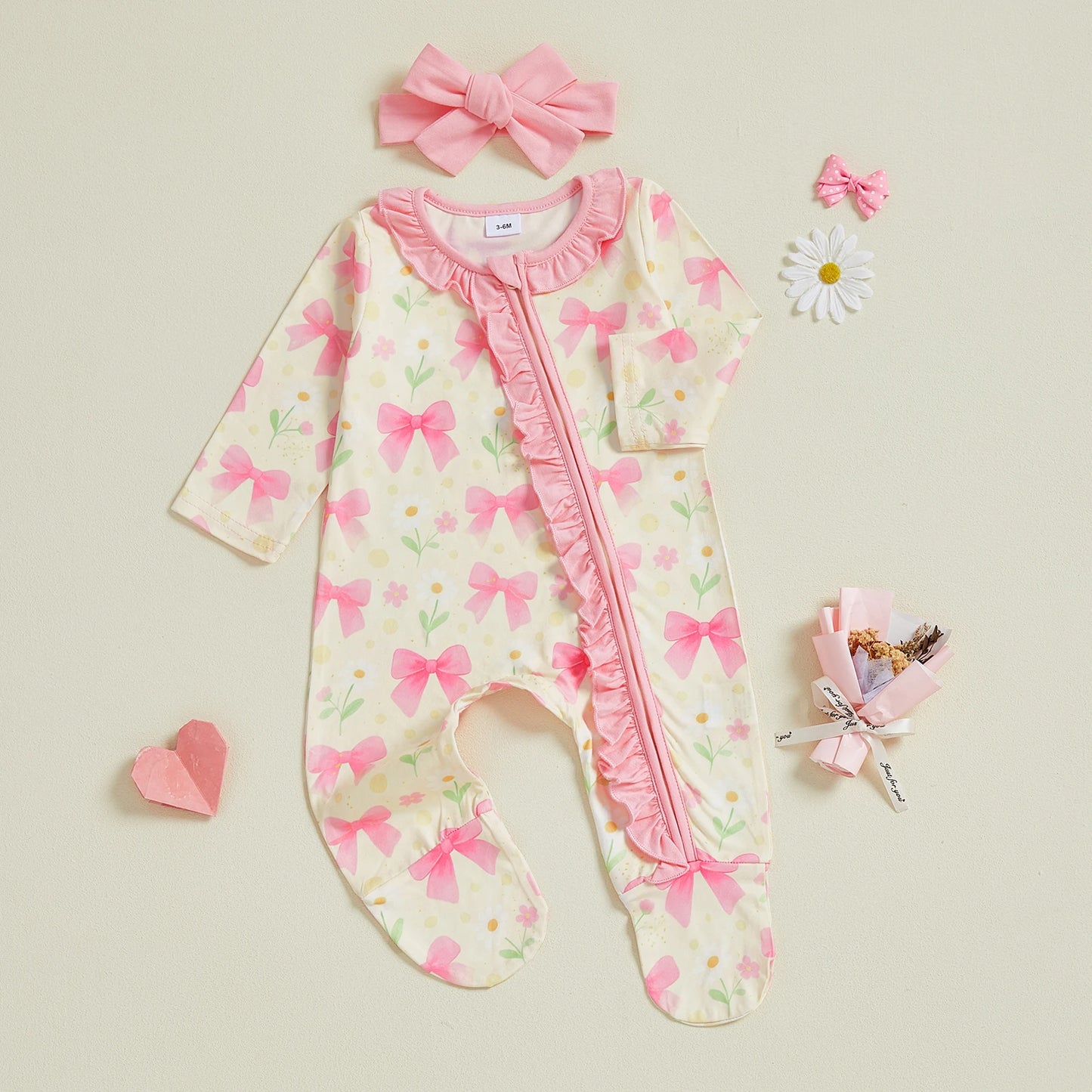 Baby Girl 2Pcs Footed Zipper Romper Floral Print Long Sleeve Zip Up Round Neck Ruffled Jumpsuit with Headband Set