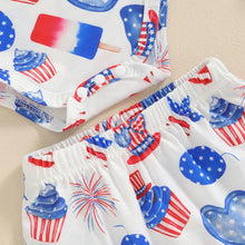 Load image into Gallery viewer, Baby Girls 3Pcs Independence Day Clothing Sets Sleeveless Tank Top Cartoon Heart Flag Fireworks 4th of July Pattern Print Romper Shorts Set Headband Outfit
