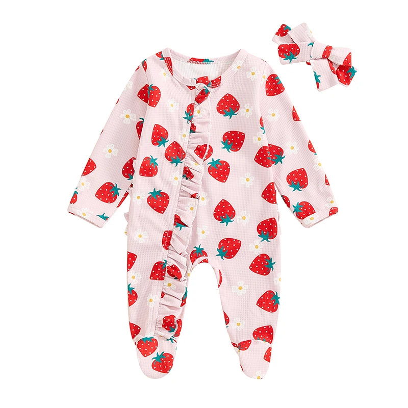 Baby Girls 2Pcs Long Sleeve Strawberry Flower Butterfly Print Frills Zipper Footies Jumpsuit and Headband Romper Set