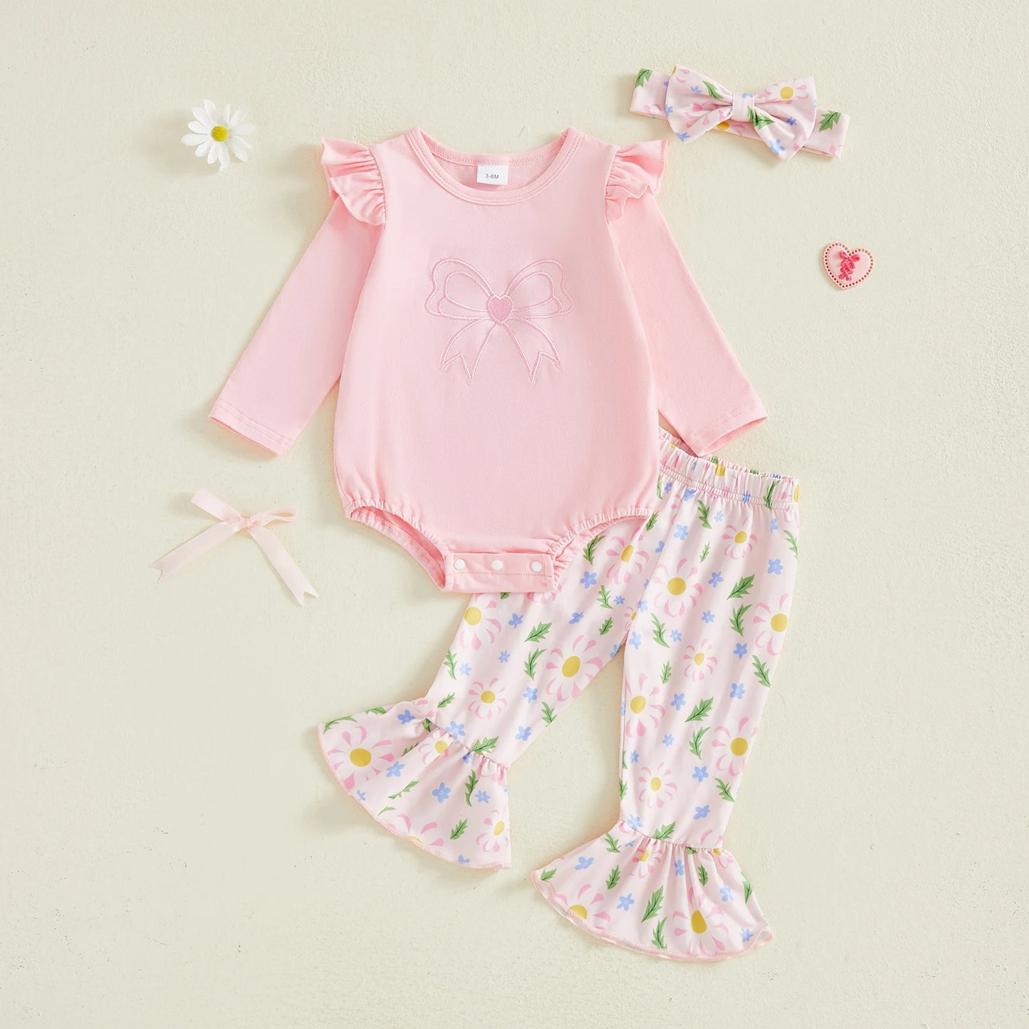 Baby Girls 3 Piece Outfit Long Sleeve Round Neck Bow Embroidery Jumpsuit Headband Elastic Waist Flared Pants Set