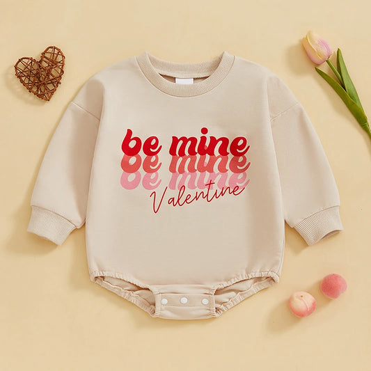 Baby Girl Boy Be Mine Valentine Valentine's Day Bubble Romper Letter Print Long Sleeve Valentines Jumpsuit